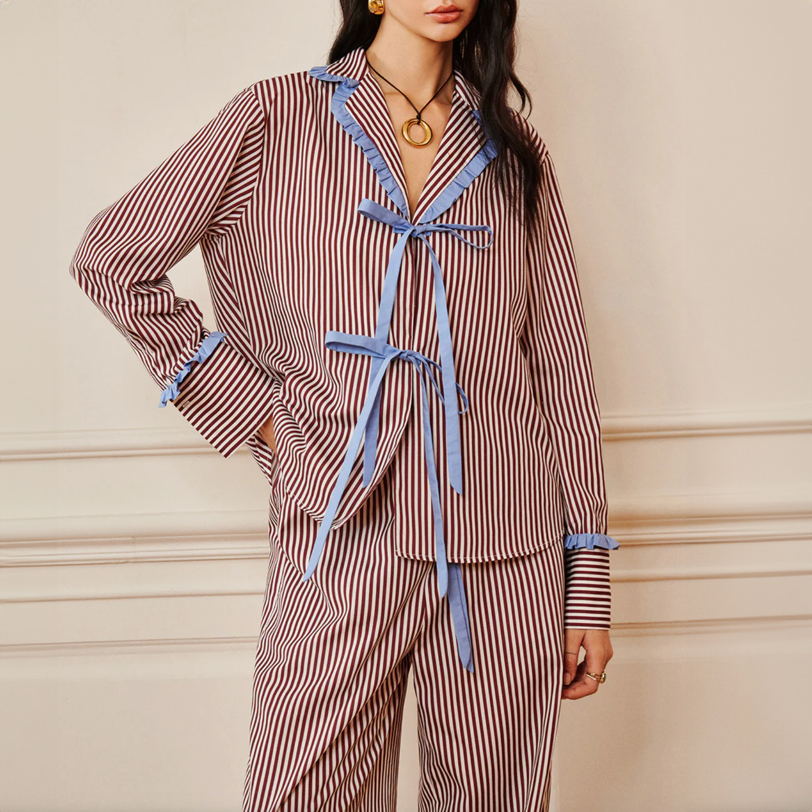 Striped Tie-Front Pajama Set
